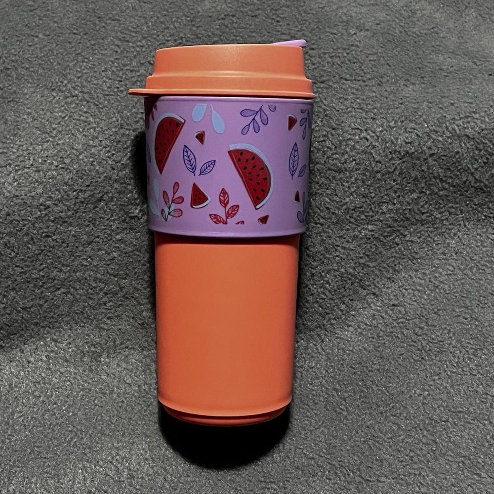 Tupperware ECO To Go Peach Sippie Tumbler Travel Cup & Watermelon Sleeve
